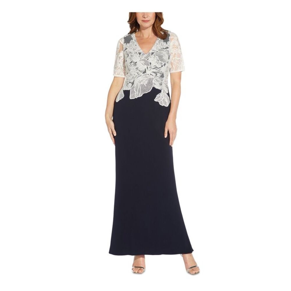 ADRIANNA PAPELL Womens Navy Short Sleeve Full-Length Wear To Work Gown Dress 0